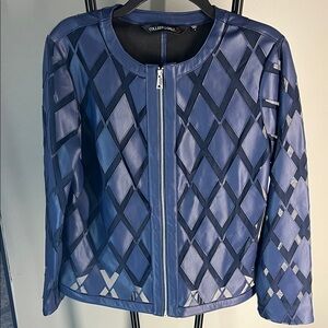 Colleen Lopez Navy Blue Diamond-Panel faux Leather Jacket